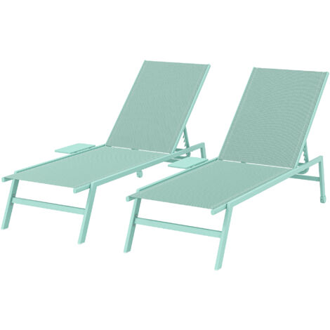 2 Chaises Longues Réglables 5 Positions avec Tablette Latérale et Roues, Métal et Polyester, Vertes