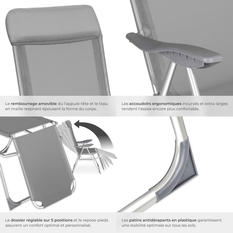 2 Chaises Pliantes Longues de Jardin de Camping Réglables sur 5 Positions en Aluminium Gris 2 Chaises Pliantes Longues de Jardin de Camping Réglables sur 5 Positions en Aluminium Gris