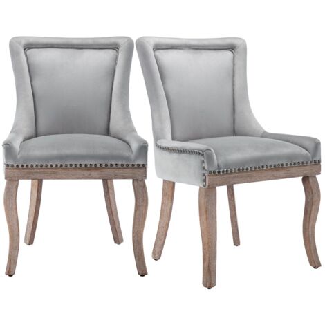 2 chaises salle à manger luxe gris velours - Rembourrées cloutées - Pieds bois massif - Cuisine/salon - Garniture premium