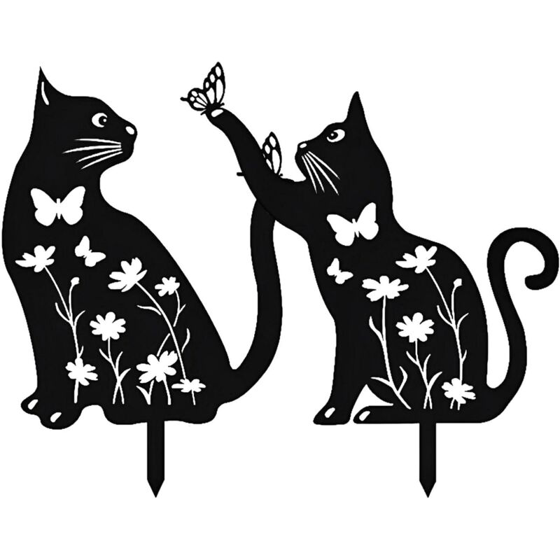 2 Chat Décoratif, Statues Jardin Chat en Métal, Piquet Creux Chat Noir, pour La Décoration Jardin Et Les Ornements Pelouse