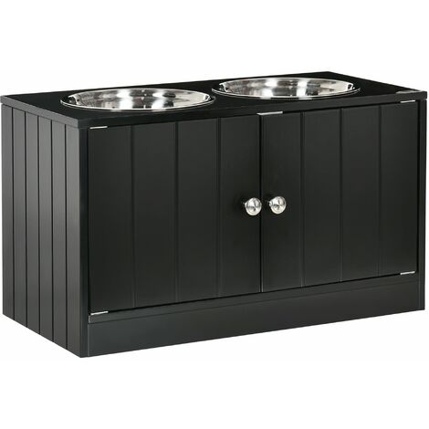 2 Ciotole per Cani Rialzate 60x30x35,5 cm in Acciaio Inox con Vano Contenitore Nero