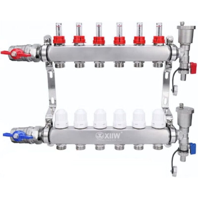 6 circuits de chauffage, distributeur de circuit de chauffage avec vannes à boisseau sphérique de 1 pouce, plancher chauffant avec purgeur manuel,