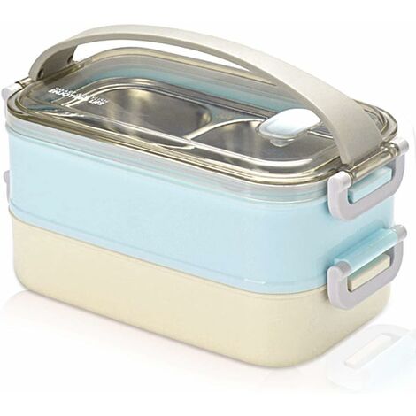 2 couches boîte à lunch en acier inoxydable portable thermique boîtes à bento boîte à lunch isolée lunch box isotherme conteneurs de stockage des aliments pour École bureau 1.6L Bleu