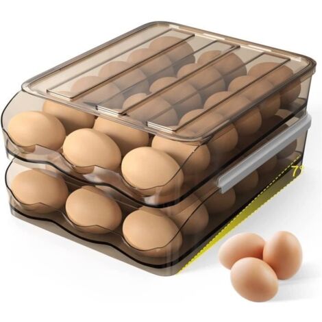 2 couches Panier à œufs, Boite à Oeufs Porte-œufs roulant automatique en Plastique Stockage d'oeufs Rangement Frigo avec Couvercle