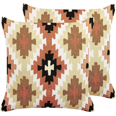 2 Coussins Boho en Coton à Motif Géométrique 50 x 50 cm Multicolore Serampore