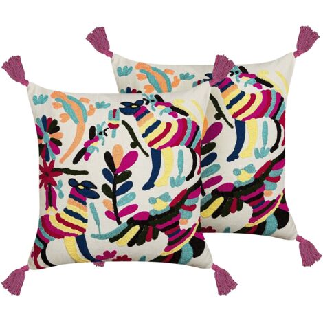 2 Coussins en Coton Brodé Boho Motif Animal 50 x 50 cm Multicolore Raiganj