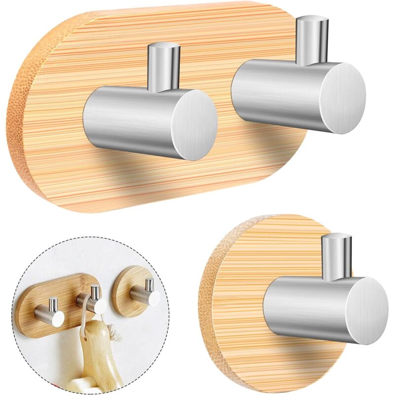2 crochets bambou auto-adhésifs, porte-manteau mural bois, pour salle de bain, cuisine, bureau