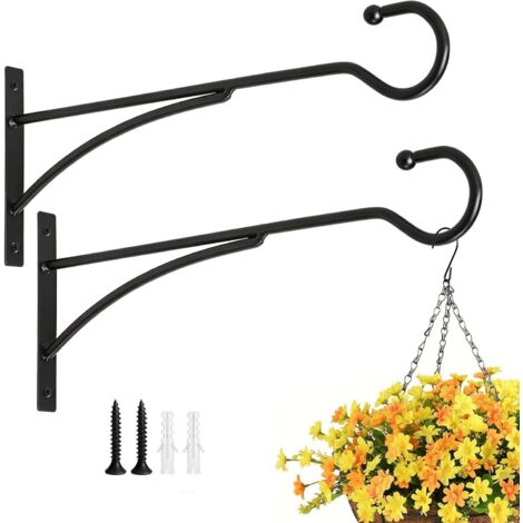2 crochets muraux pour plantes d'extérieur : support en métal pour paniers suspendus, mangeoires pour oiseaux, carillons, paniers de fleurs, tapis de yoga, lanternes, noir