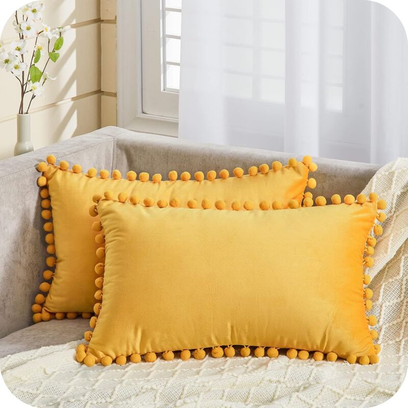 Hiasdfls - 2 Cushion Covers 30×50 Cm Mustard Yellow Decorative Nordic Living Room Home Pillowcase Soft Velvet Double Sided Rectangular Solid Color