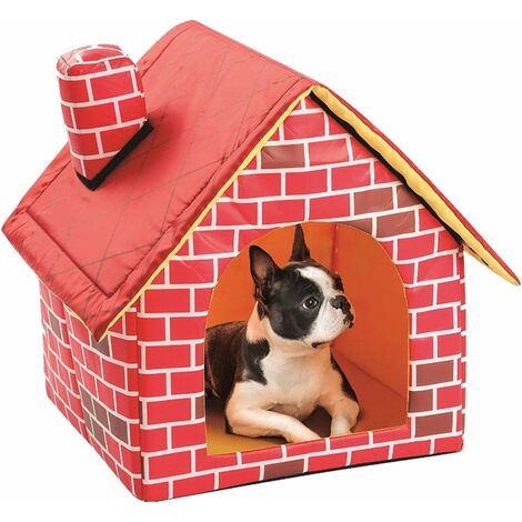 2 dans 1 maison de chien et de lit de chien de brique rouge, nid d'animal familier mou chaud pliable antidérapant de chiot de chat, lit de chien démontable et lavable
