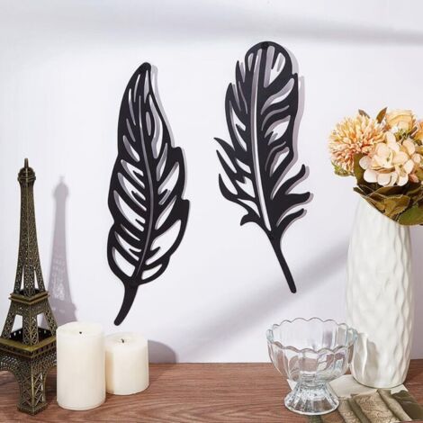 2 decorazioni murali in metallo a forma di piuma, silhouette nere da appendere, ideali per la casa, la camera da letto, il soggiorno, il bagno, la cucina, l'ufficio o l'hotel.