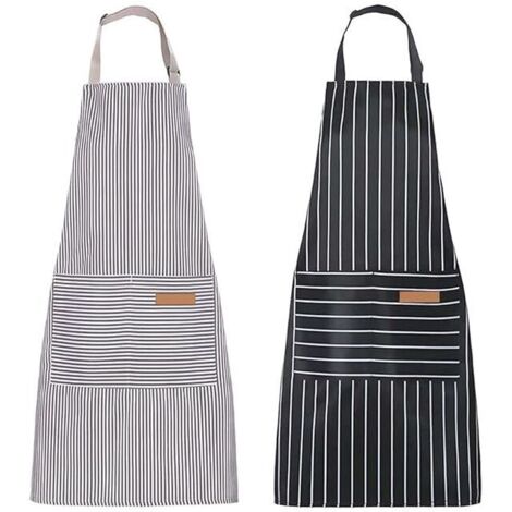 2 delantales de cocina a rayas, unisex, de algodón y lino, con pechera ajustable y 2 bolsillos para cocinar, hornear y pintar, color negro y gris.
