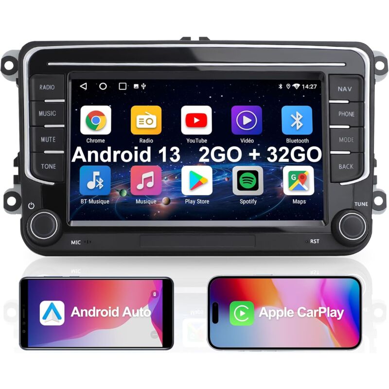 2 Din Autoradio, 7' Radio Voiture pour VW Golf, Passat, Seat, Touran, Skoda, CarPlay & Android Auto, 2+32Go, Écran Tactile & Boutons Physiques, EQ,