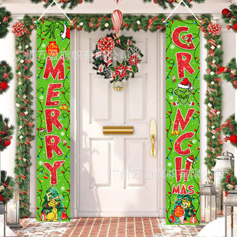 2 distiques de Noël, décorations extérieures, drapeaux extérieurs, Grinch Joyeux Noël atmosphère de fête décoration drapeau suspendu 180 cm x 30 cm tissu polyester 100D
