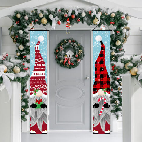 2 distiques de Noël, décorations extérieures, drapeaux extérieurs, tissu suspendu à carreaux du Père Noël, drapeau suspendu de décoration d'ambiance festive 180 cm x 30 cm tissu polyester 100D