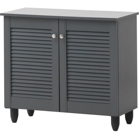 2 Door Shoe Cabinet Compact Slatted Doors Ventilated Storage Unit Oak Particle - Grey