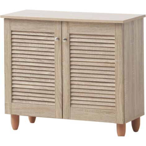 2 Door Shoe Cabinet Compact Slatted Doors Ventilated Storage Unit Oak Particle - Oak