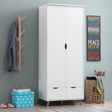 2 Door Wardrobe With 2 Drawers White Scandinavian Style Bedroom Particle Board