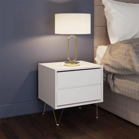 2 Drawer Bedside Cabinet White With Gold Legs Modern Design Contemporary