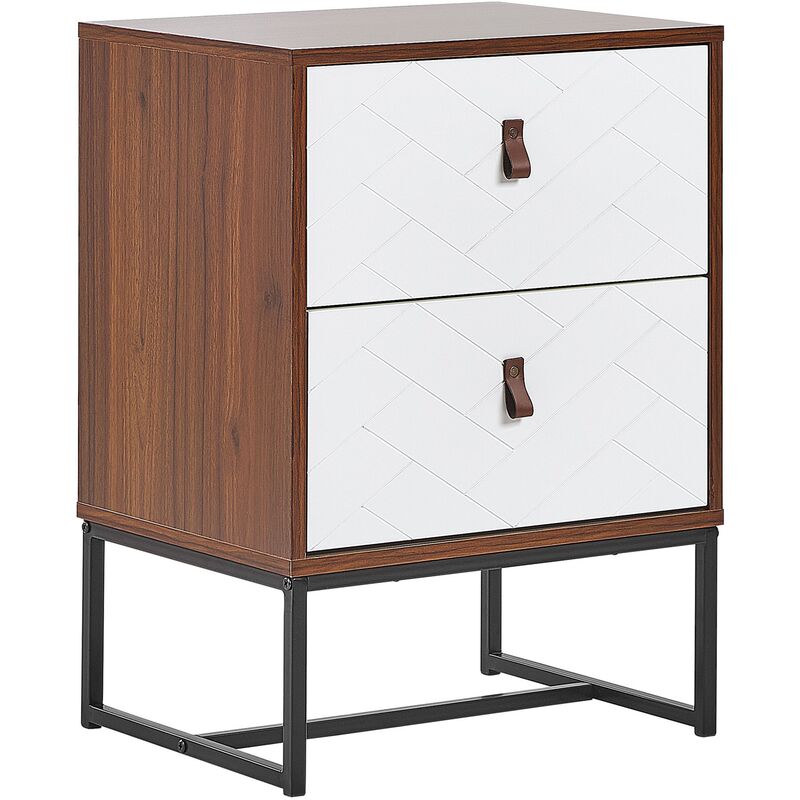 Modern Bedside Table with 2 Drawers Metal Legs Dark Wood with White Nueva