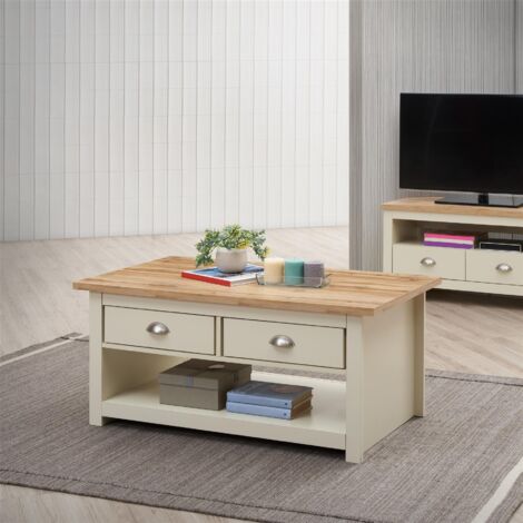 2 Drawer Coffee Table Cream with Oak Effect Top Storage Living Room Oak Effect