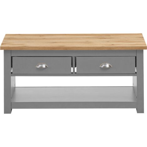 2 Drawer Coffee Table Light Grey With Oak Effect Top Stylish Storage Oak Effect