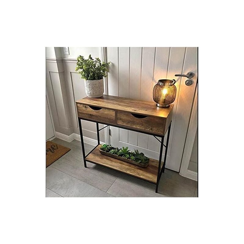 2 Drawer Console Table Black Metal Frame & Wooden Drawers and Shelf Furniture