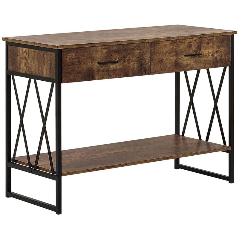 Industrial 2 Drawer Console Table Sideboard Dark Wood Top Black Metal Base Ayden - Dark Wood