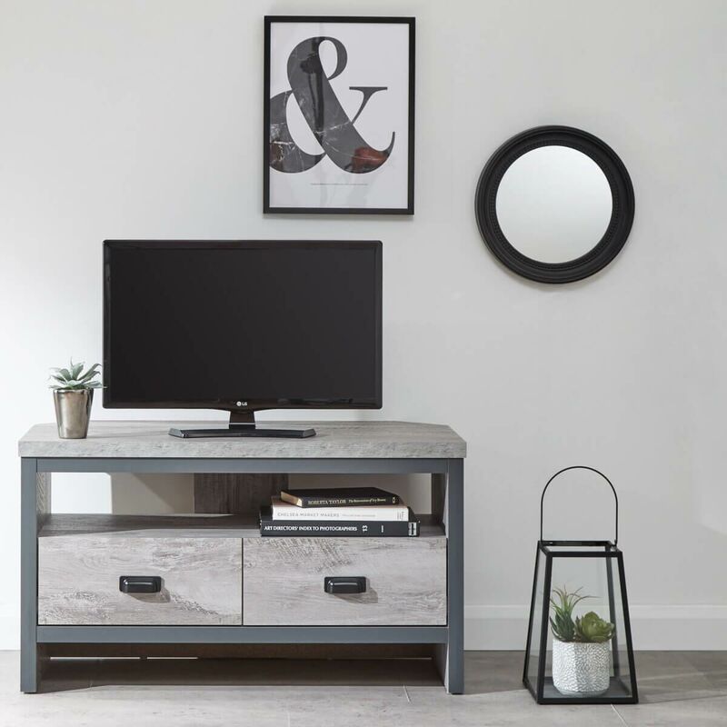 Boston - 2 Drawer Grey Corner TV Cabinet Unit Wooden Stand Rack LCD Entertainment Shelf