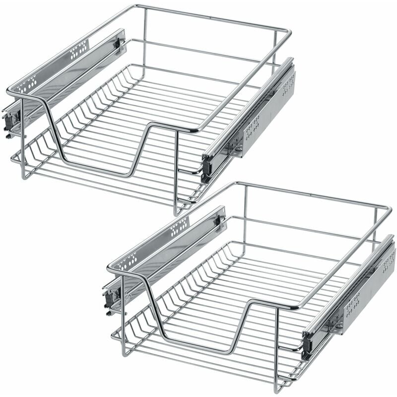 2 Sliding wire baskets with drawer slides - sliding wire basket, drawer slides, kitchen drawer runners - 37 cm - grey