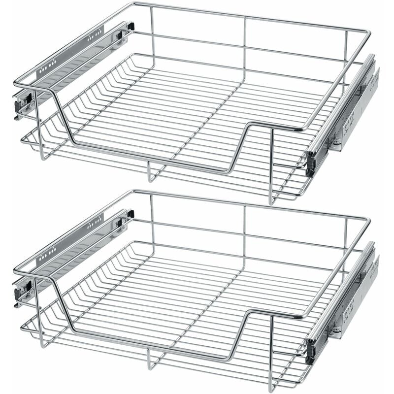 2 Sliding wire baskets with drawer slides - sliding wire basket, drawer slides, kitchen drawer runners - 57 cm - grey