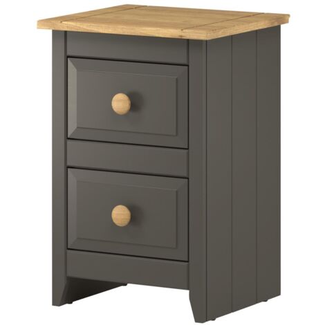 2 Drawers Petite Bedside Cabinet Solid Top - MDF/Pine - 36 x 32 x 53.2 cm - Carbon Grey /Antique Waxed Pine