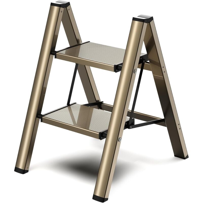 2 échelle à étape, tabouret à étape pliable avec pédale large antidérapante, matériau en aluminium léger mais robuste, chargement de 150kg, Champagne
