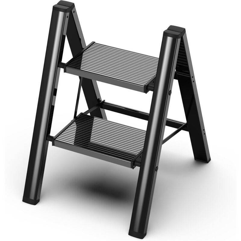 2 échelle à étape, tabouret à étape pliable avec pédale large antidérapante, matériau en aluminium léger mais robuste, chargement de 150kg, Noir