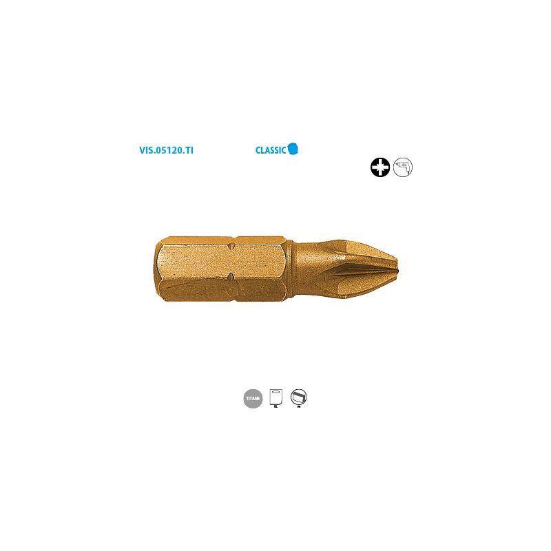 Embout de vissage série courte 1/4'' - pozidriv® titane Classic pz N°1 Long. 25 Boite de 15