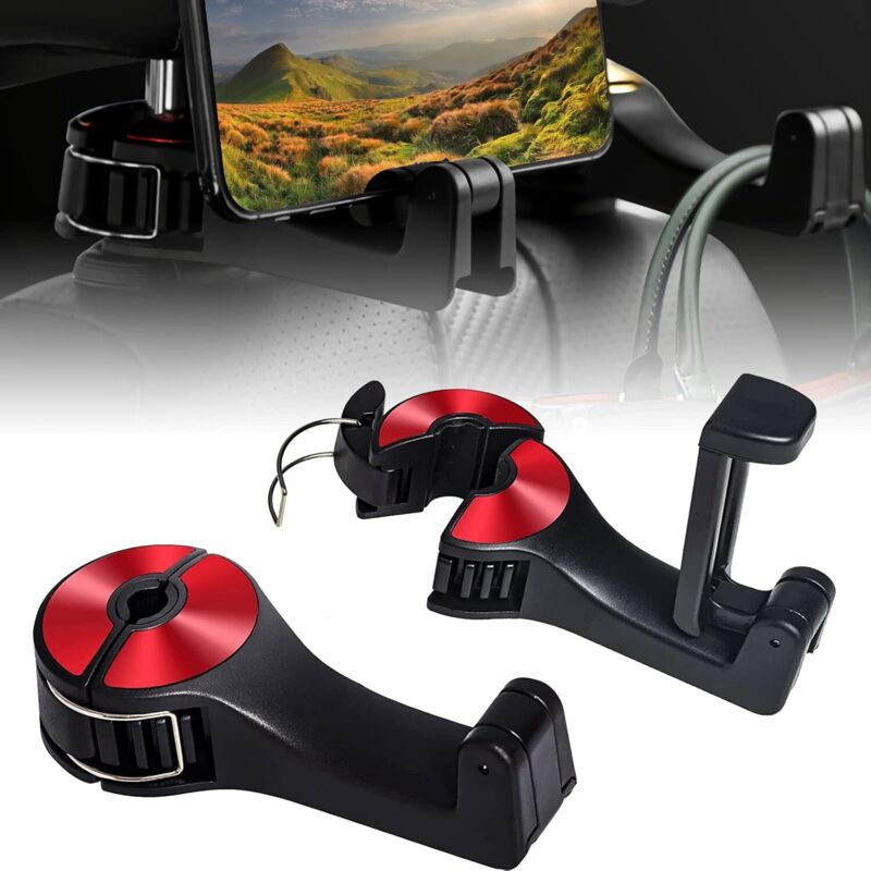 2-en-1 Auto Kopfstütze Haken, GM Rücksitzhaken, mit Handyhalterung, 360° Rotation Auto Kopfstütze Aufbewahrungsmanager Haken, verwendet für Taschen,