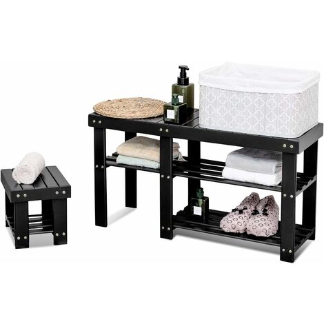 2 en 1 banc à chaussures,meuble de rangement en bois avec tabouret,85 x 28 x 45,5cm noir