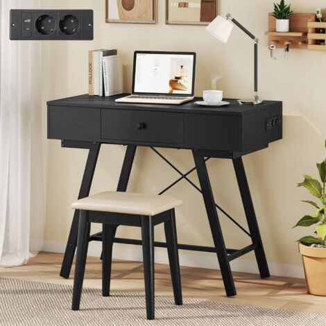2-en-1 Bureau pour Maquillage Table de Ménage avec Miroir Station de Charge Grand/Petit Plateau 6 Compartiments de Rangement Tiroir Noir