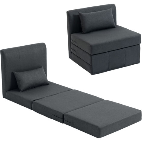 2-en-1 canapé-lit pliant en lin, fauteuil convertible rembourré pour invités, gris foncé