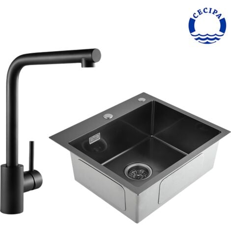 2 en 1 Cecipa Fregadero de Cocina Negro 50 x 45 x 18,5 cm + Grifo de fregadero de cocina Acero inoxidable (Negro)