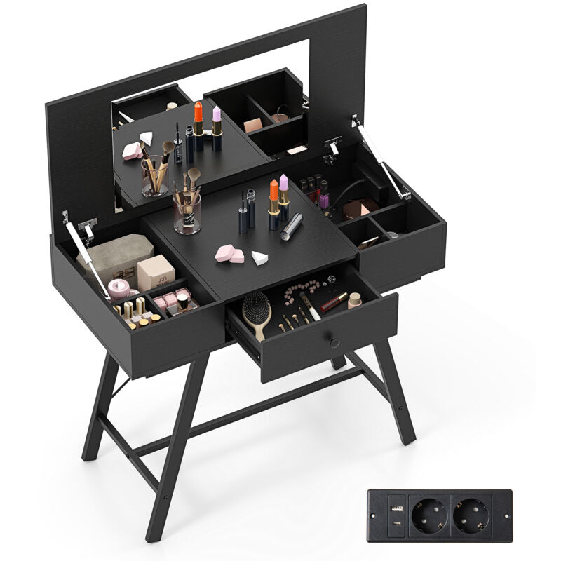 2 en 1 Coiffeuse avec Miroir, Coiffeuse avec Rangement, Station de Charge, Plateau Rabattable, 6 Compartiments, Tiroir, Table de Maquillage, Noir