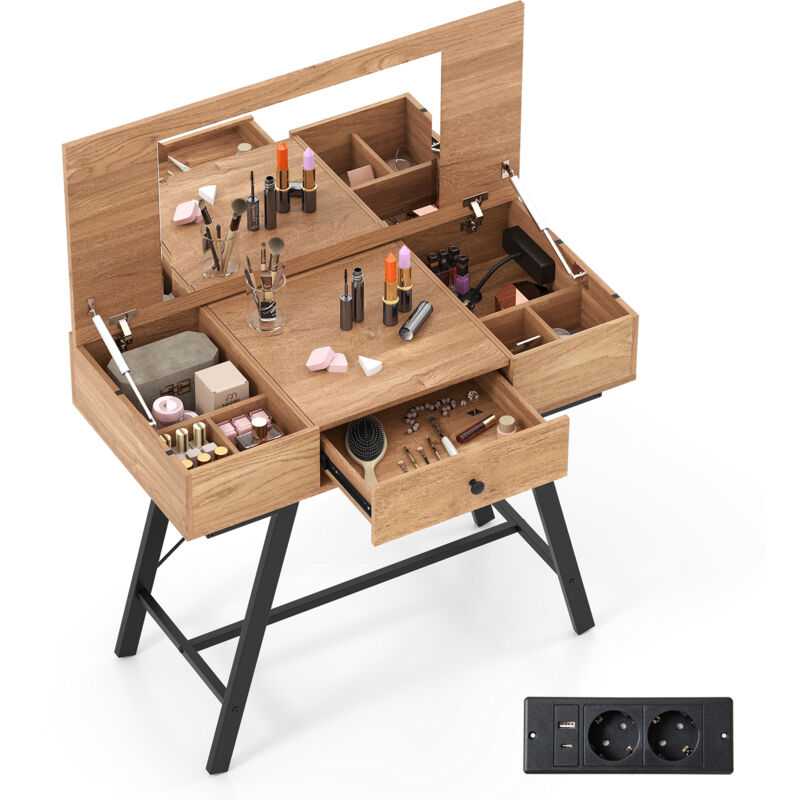 Costway – Coiffeuse 2 en 1 avec miroir – Plateau rabattable – 6 compartiments de rangement – Station de charge intégrée – Dimensions 96,5 x 46,5 x