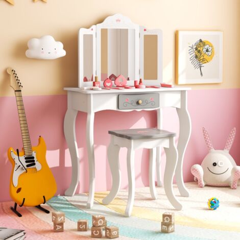 2 en 1 Coiffeuse et Tabouret Enfants avec Miroir Détachable à 3 Volets 10 Jouets d'Habillage et Tiroir pour 3+ Ans Blanc