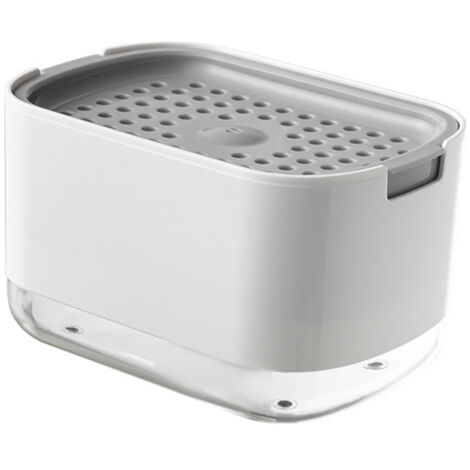 2 en 1 Distributeur Savon Détergent Rechargeable, Distributeur Liquide Vaisselle Plastique avec Porte-Éponge Qualité, Boîte à Savon Pratiquepour pour Hôpital, Cuisine, Bains, Évier(Blanc， 300 ML)