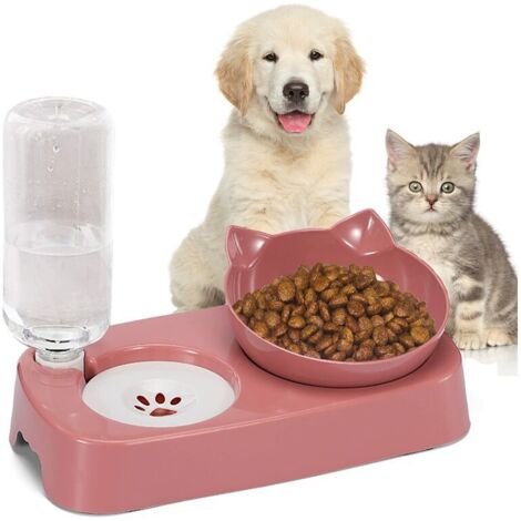 2 en 1 Gamelles pour Chat, Chat Gamelle avec Automatique Distribut Eau, Double Bol Mangeoirs Gamelle pour Chat Chien avec Support, Inclinable 15°, Gamelles pour Chat et Petit Chien