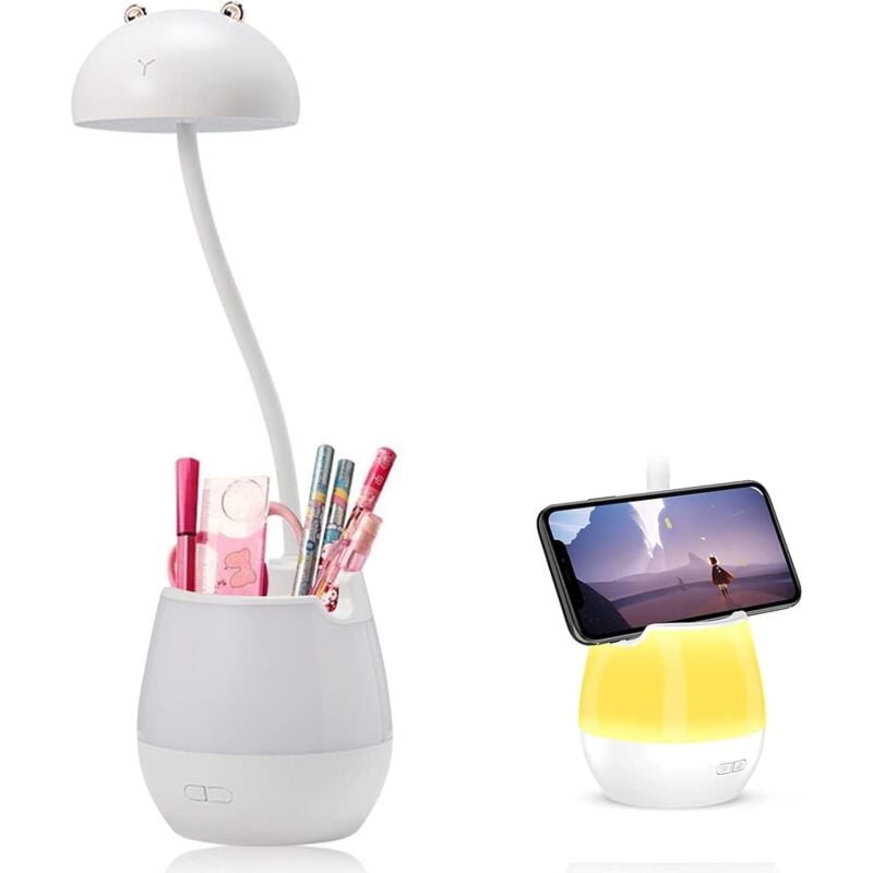 Aougo - 2 en 1 Lampe de Bureau led + Veilleuse, 5 Niveaux de Luminosité, Lampe de Lecture Rechargeable avec Porte-Stylo et Support de Téléphone,