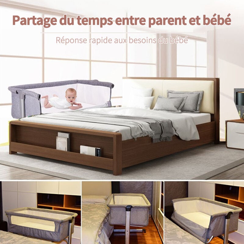 2 en 1 Lit bébé,Facile à Plier et à Déplier Haloyo®,Facile adapter au lit du parent,4 Roues,blanc cassé