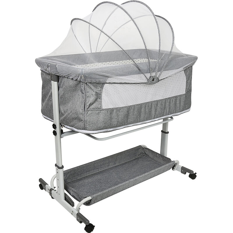 2 en 1 Lit de Bébé avec Hauteur Réglable, Lit de jeu avec Roues et Pieds Antidérapants, Ceinture de Fixation, Panier de Rangement (gris)