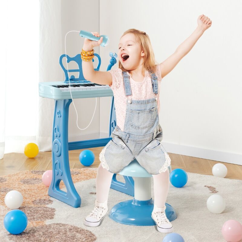 2 en 1 Piano Numérique à 37 Touches Enfants avec Tabouret & Microphone Réglable Clavier Electronique Détachable pour Enfants de 3 Ans+ Bleu CW2536
