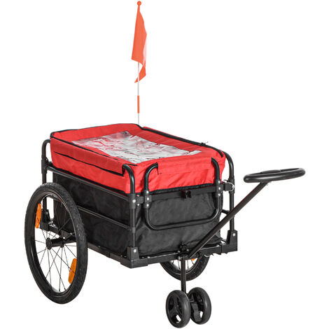 2 en 1 Remolque de Bicicleta para Carga 40 kg Carro de Mano con Bandera Mango de Empuje Desmontable Marco de Acero y Reflectores 130x64x103 cm